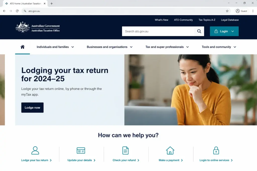ATO official platform homepage for online tax services and login