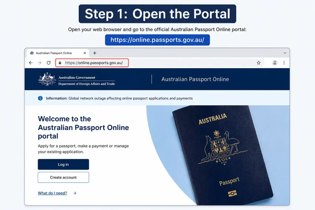 Step 1 Open the Australian Passport Online portal at online.passports.gov.au to start a passport application.