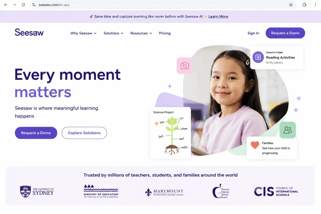 Seesaw official website homepage showing the learning platform dashboard for students, teachers, and families.