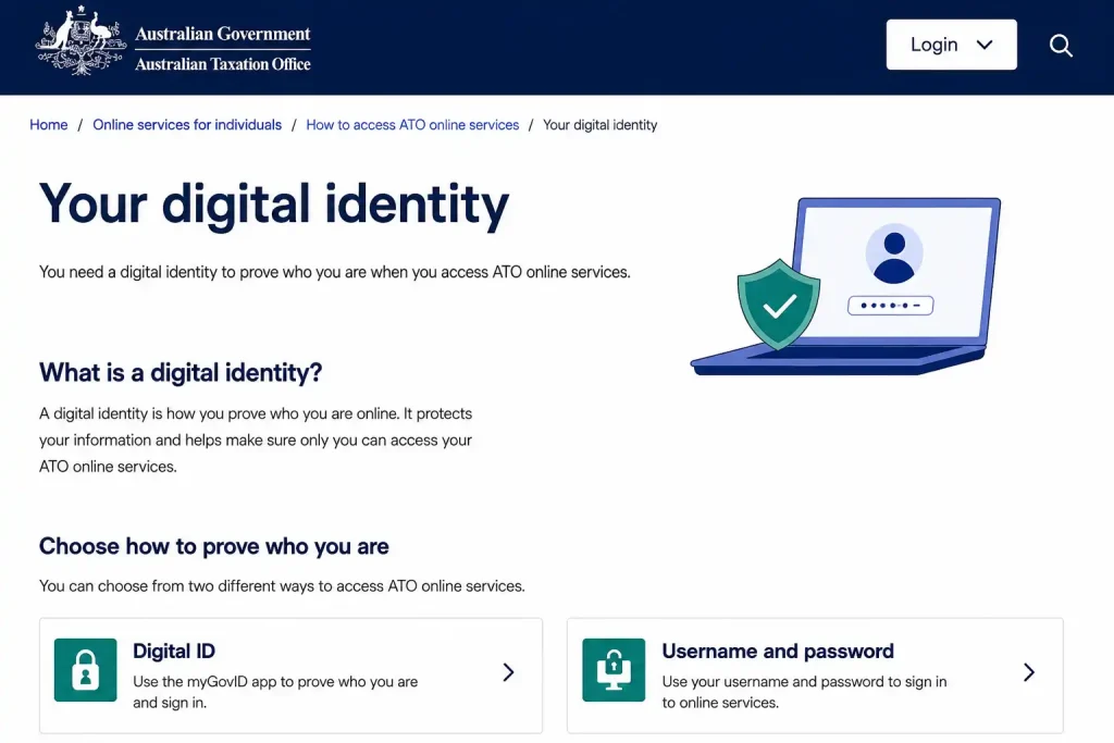 ATO online services digital identity setup page showing secure login and identity verification options for Australian taxpayers.