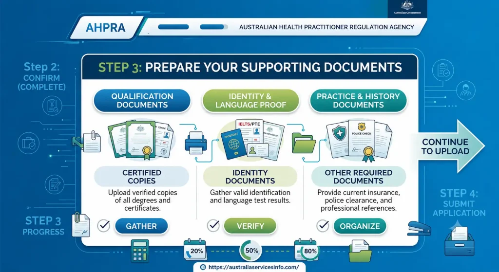 AHPRA Step 3 supporting documents guide showing qualification, identity, language proof, and practice history documents