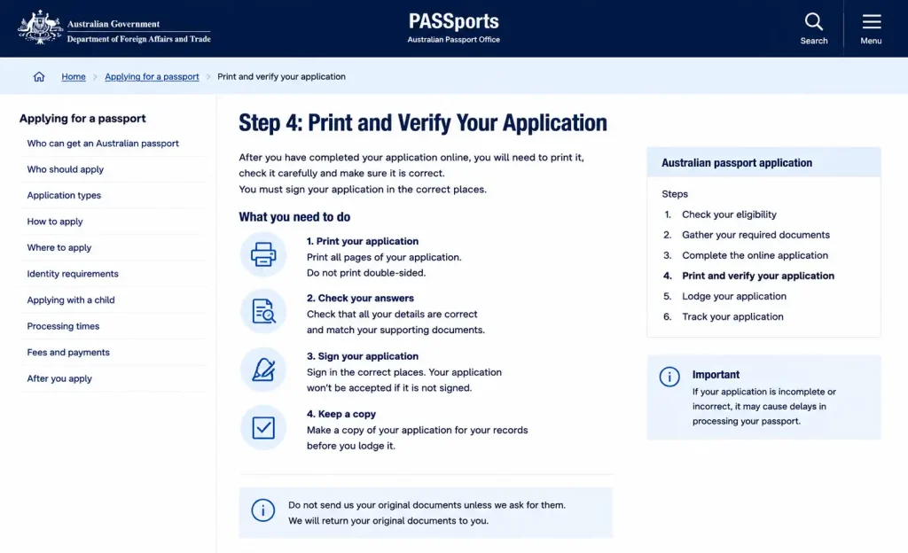 Australian Passport Office Step 5 guide showing how to lodge an Australian passport application in person at a participating passport office or Australia Post outlet.