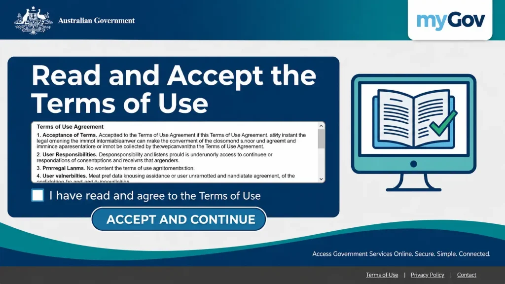 myGov Australia Terms of Use screen with Accept and Continue button