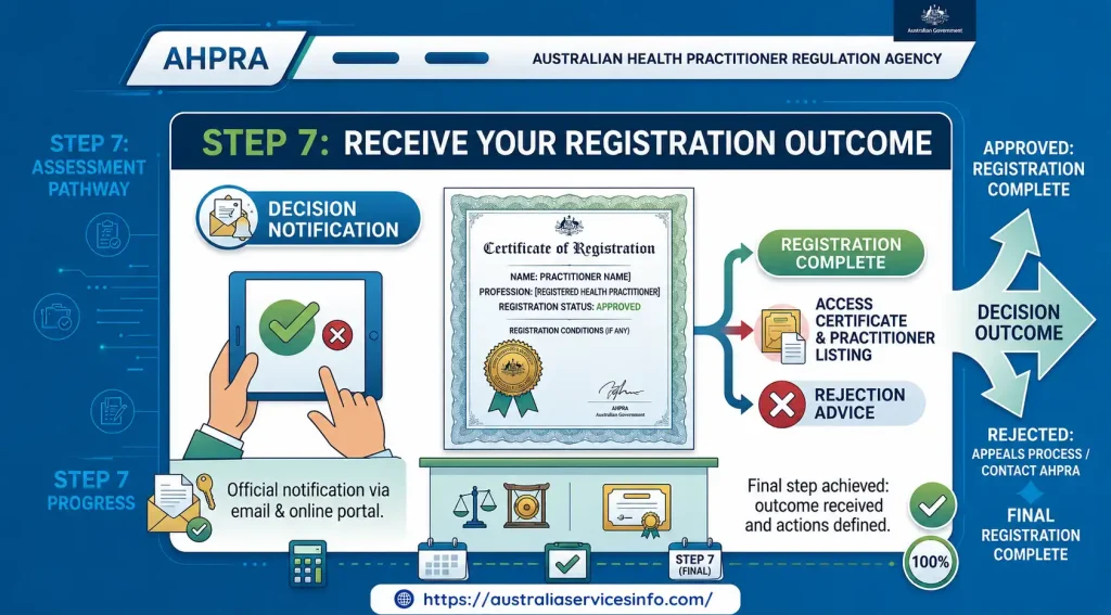 AHPRA Step 7 registration outcome showing decision notification, registration certificate, approval, and rejection options