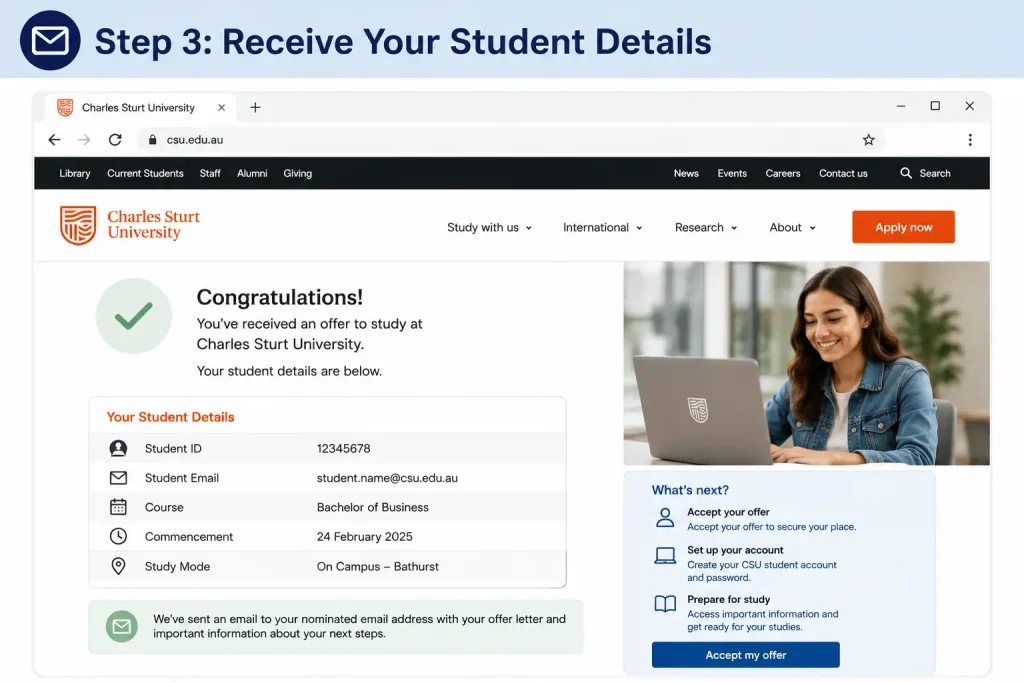 Student receiving Charles Sturt University student ID, email account details, and enrollment information after course acceptance.