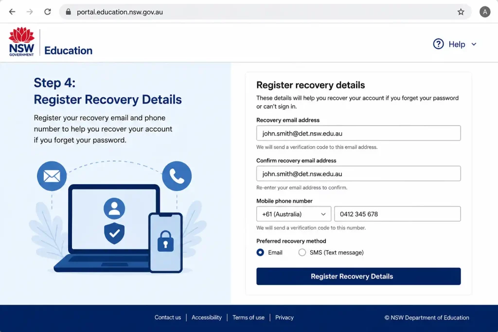 DET Portal Step 4 register recovery details screen for NSW Education account
