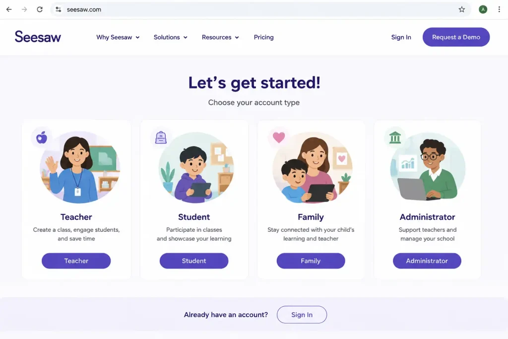 Seesaw account type selection page showing Teacher, Student, Family, and Administrator account options.