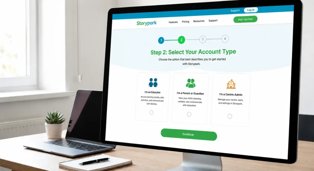Storypark Step 2 Select Your Account Type for Educator, Parent or Guardian, and Centre Admin