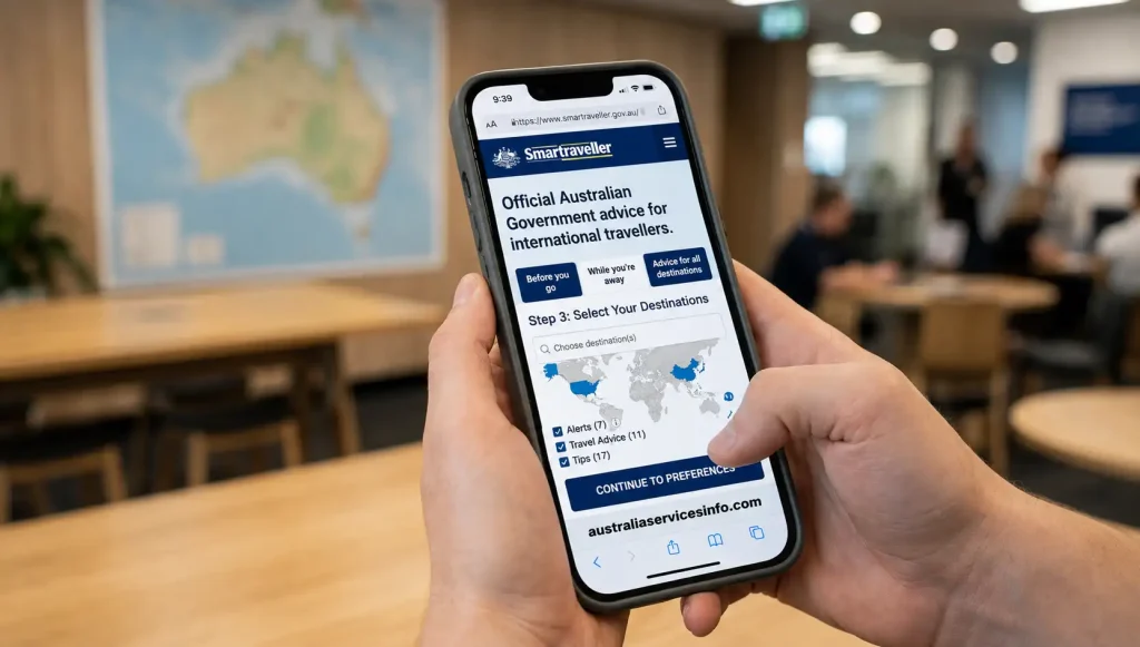 Smartraveller destination selection page showing Australian travel advice on smartphone