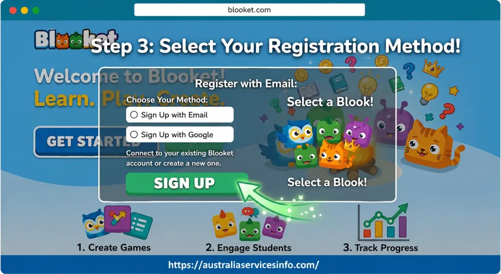Blooket registration method with email and Google sign up options
