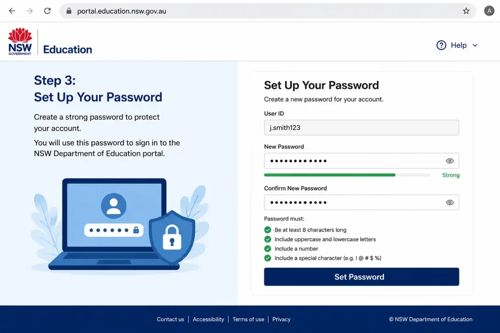Set up a secure password for your NSW Department of Education account to access the Education Portal and online services.