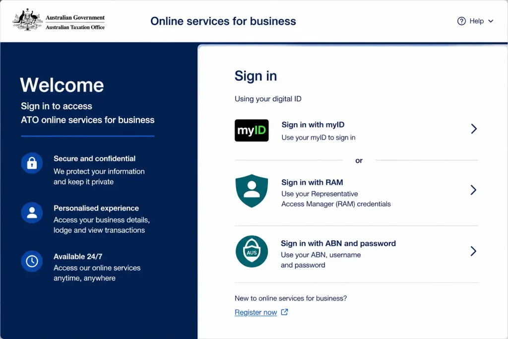 ATO Online Services for Business sign in with digital ID using myID and RAM