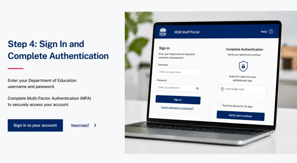 NSW Staff Portal sign in page showing username, password, and multi-factor authentication verification process.