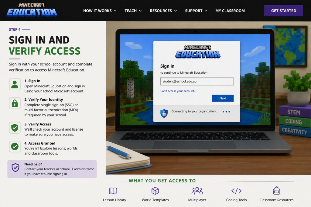 Student signing in to Minecraft Education with a school account and completing account verification to access educational resources.