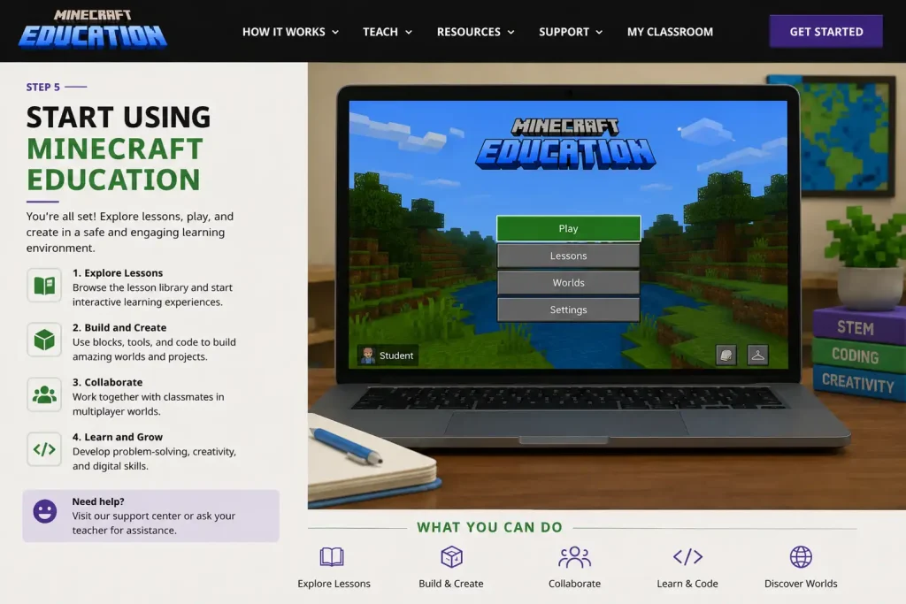 Minecraft Education Step 5 showing how to start using Minecraft Education with lessons, building, collaboration and coding