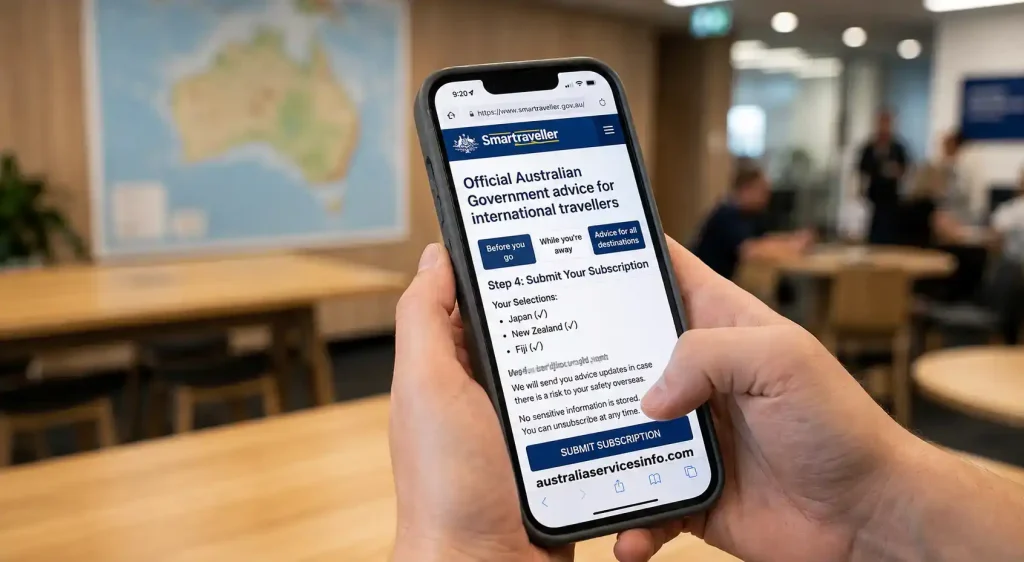 Smartraveller subscription page showing travel advice updates on smartphone