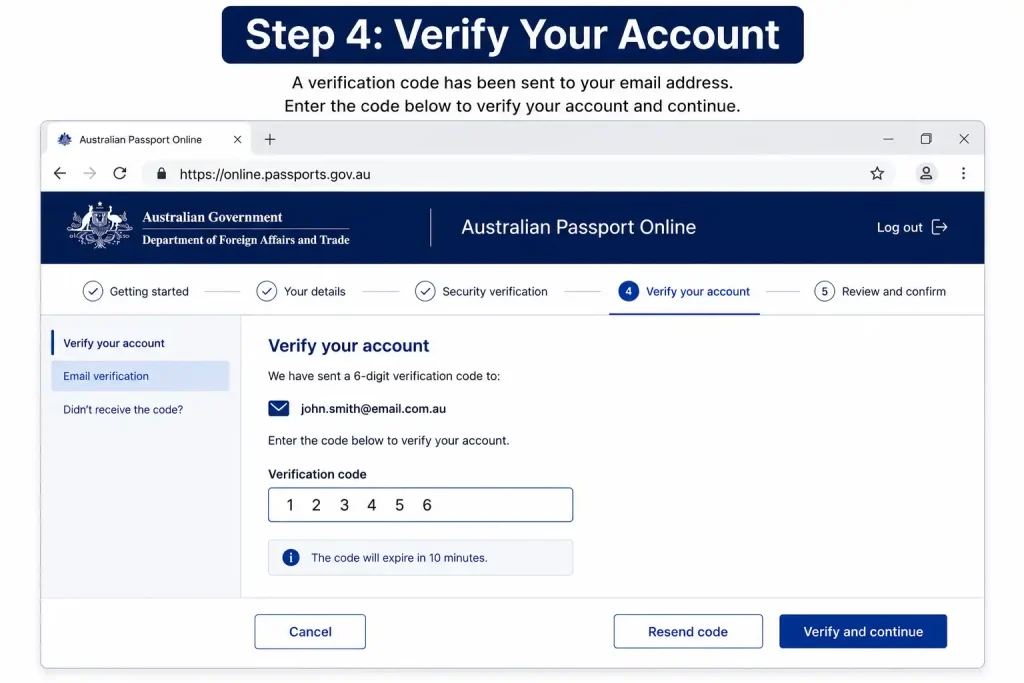 Step 4 Verify Your Account in Australian Passport Online using an email verification code.