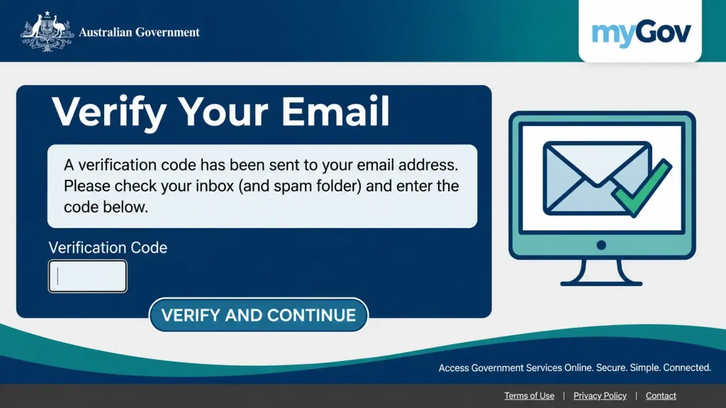 myGov Australia email verification page with verification code field and Verify and Continue button