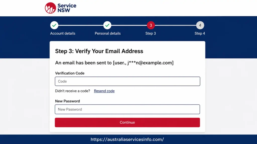 Service NSW Step 3 email verification page showing the verification code field, resend code option, new password field, and Continue button.