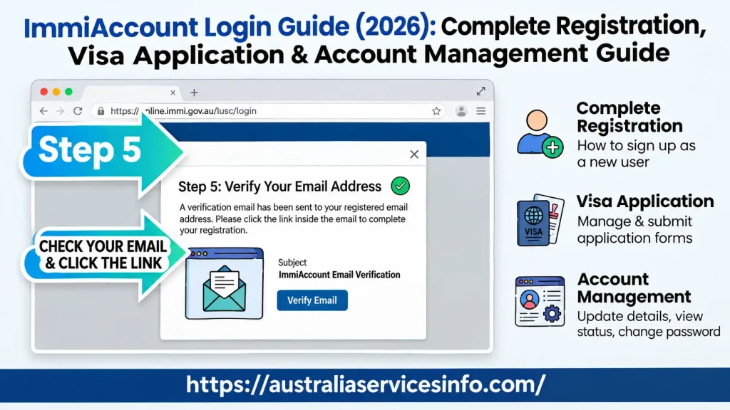 ImmiAccount Login Guide showing Step 5 where users verify their email address by clicking the verification link to activate their ImmiAccount.