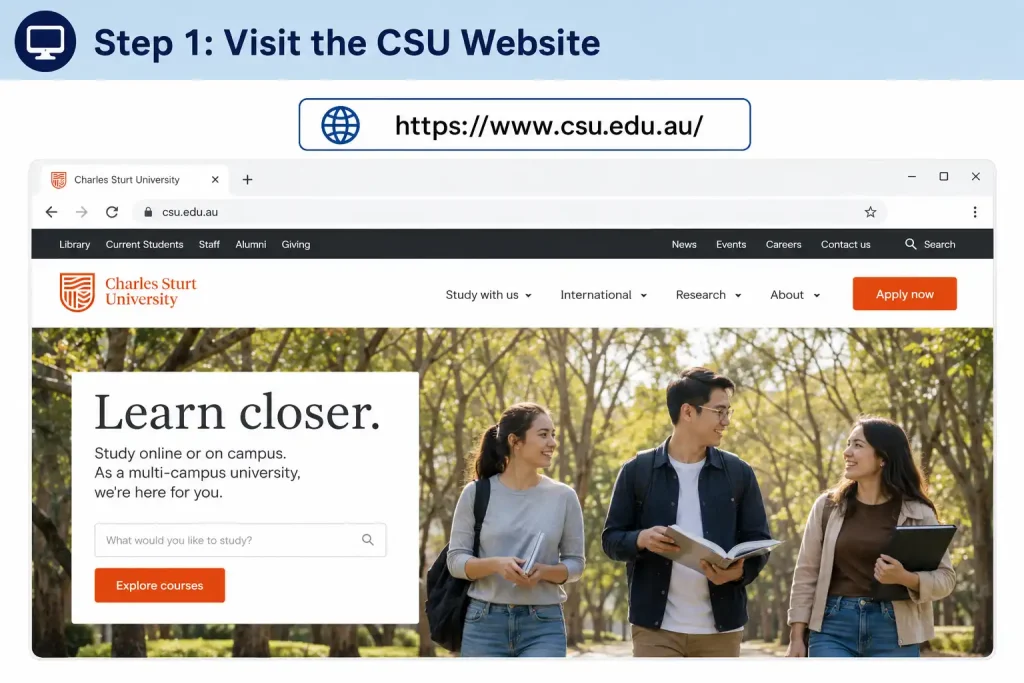 Student visiting the Charles Sturt University official website homepage to begin the registration and application process online.