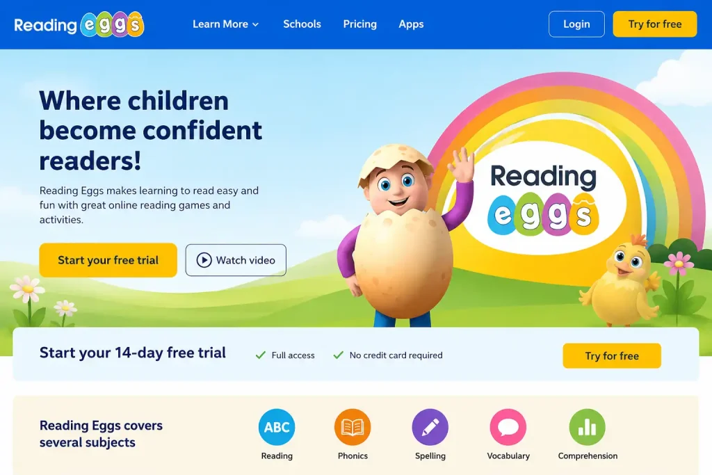 Reading Eggs official website homepage showing online reading programs, learning activities, and free trial options for children.