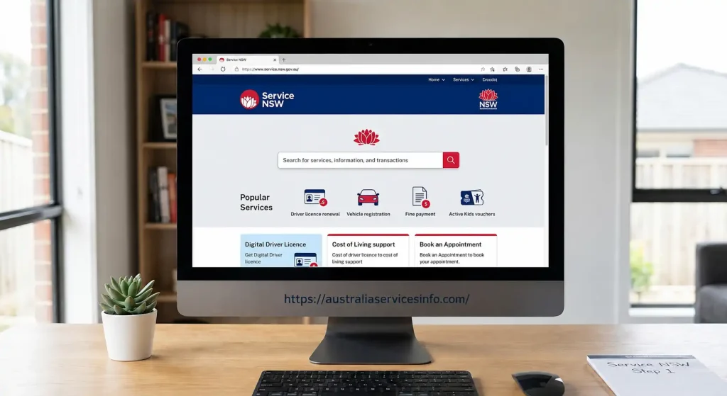 Service NSW official website displayed on a desktop computer showing online government services, driver licence renewal, vehicle registration, fine payment, and appointment booking.