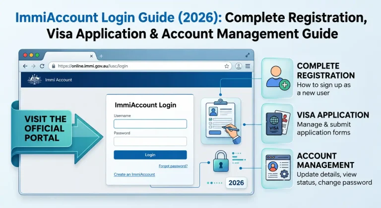 ImmiAccount Login Guide showing the official Australian immigration portal login page, account registration process, visa application submission, and account management features.