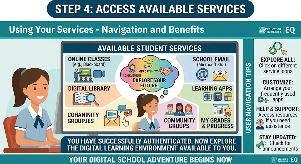 Step 4 diagram showing available Education Queensland student portal services after successful authentication, including online classes, school email, digital library, and learning apps.