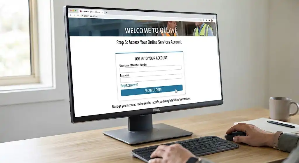 Screenshot of the QLeave online services account login page featuring fields for username or member number and password.