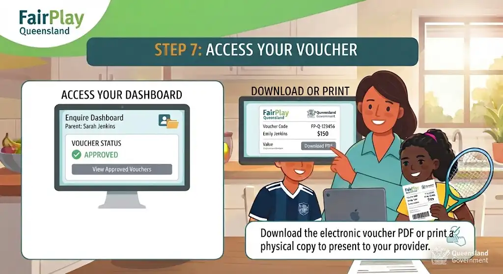 Step-by-step guide illustration for FairPlay Queensland showing how to access the Enquire dashboard, check voucher approval status, and download or print the electronic PDF voucher.