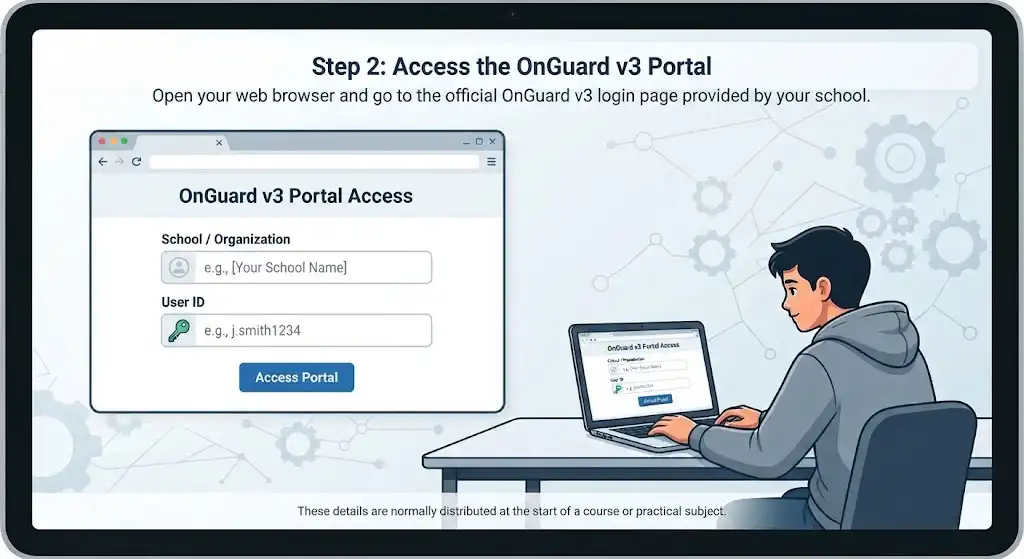 Instructional graphic showing a student on a laptop accessing the OnGuard v3 portal, with a detailed login screen displayed. The image guides users to Step 2: Access the OnGuard v3 Portal.
