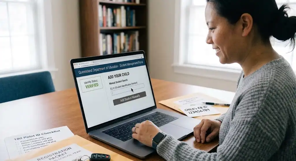 A parent with a verified identity is manually entering their child's unique EQ ID into the Queensland Department of Education online portal to add the student