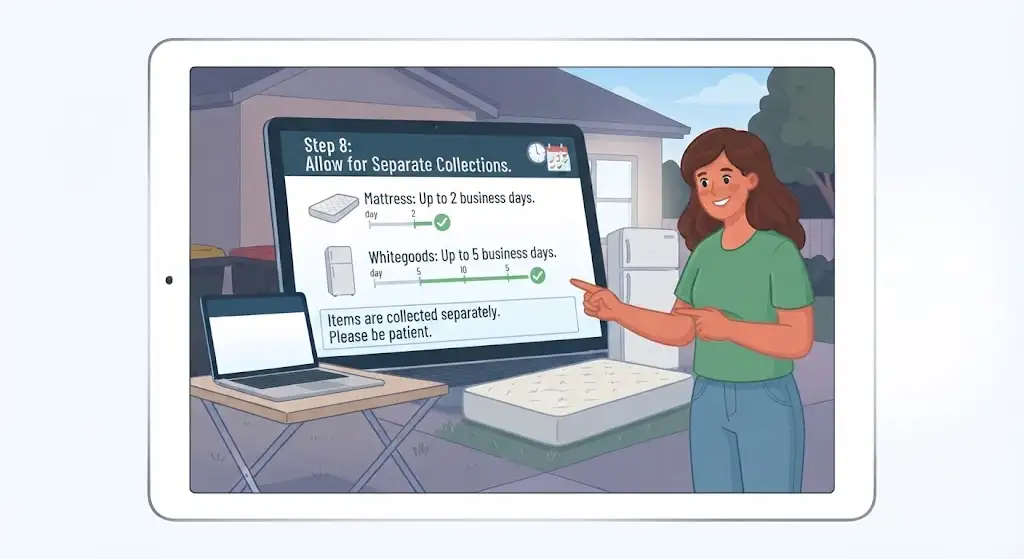 Illustration of a woman pointing to a screen detailing separate collection timelines for mattresses and whitegoods during a council clean-up.