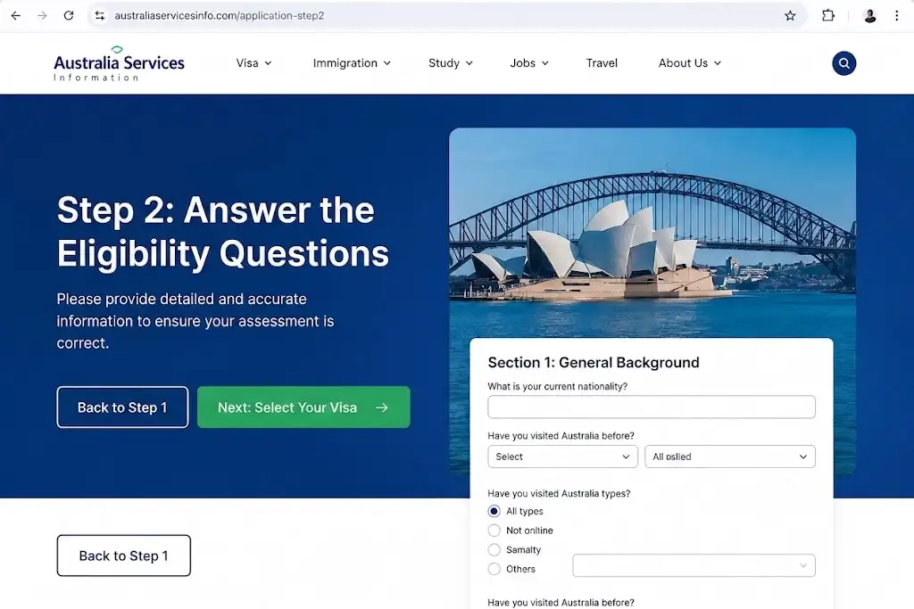 Step 2 Answer the Eligibility Questions section on Australia Services Information portal showing nationality and background check form