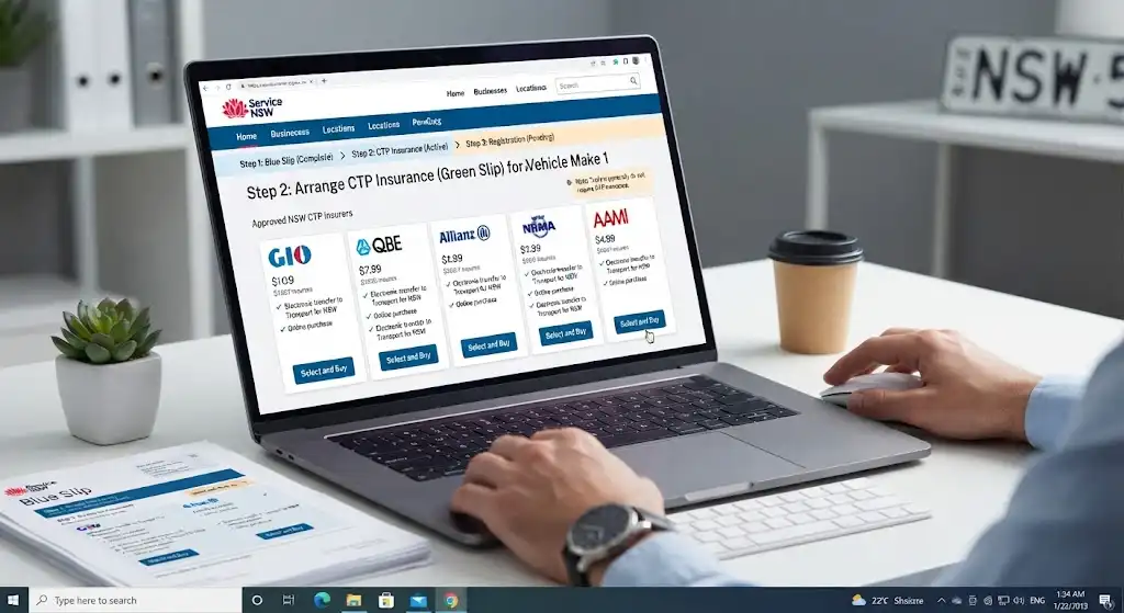 Service NSW portal for Step 2 to arrange Compulsory Third Party (CTP) insurance green slip with approved insurers like GIO, QBE, Allianz, NRMA, and AAMI.