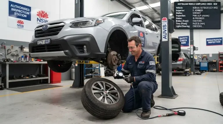 Licensed mechanic performing an AUVIS vehicle safety inspection, checking brakes and tires at a workshop in New South Wales