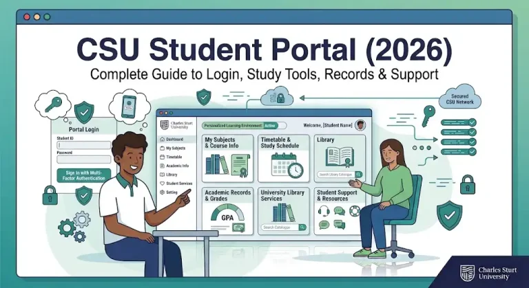 A complete visual guide diagram to the CSU Student Portal, showing login, study tools, records, GPA, library services, and support features.