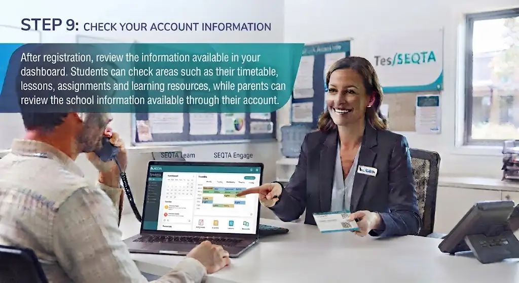 A school staff member pointing to a student timetable and account information on a laptop dashboard, illustrating the final step to check your account details.