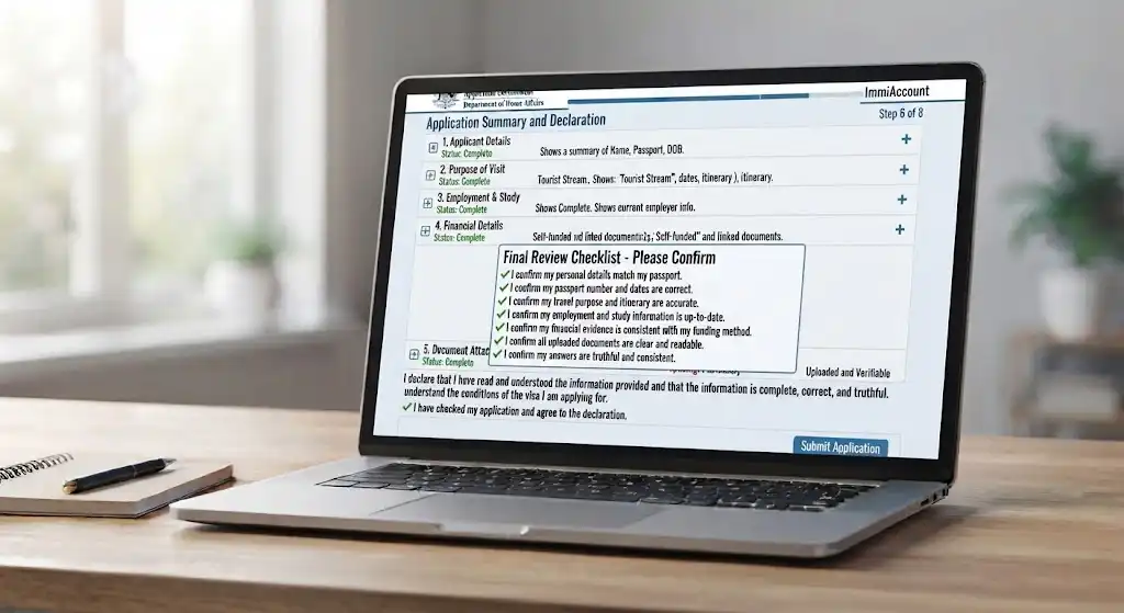 Step 6 of the ImmiAccount Visitor Visa application, featuring an application summary, final review checklist confirmations, and the submit button[cite: 6]