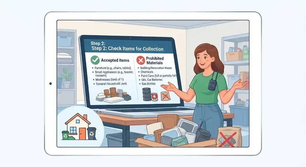 Illustration of a woman in a garage sorting household items into two lists on a laptop screen: 'Accepted Items' (furniture, appliances) and 'Prohibited Materials' (chemicals, building waste).