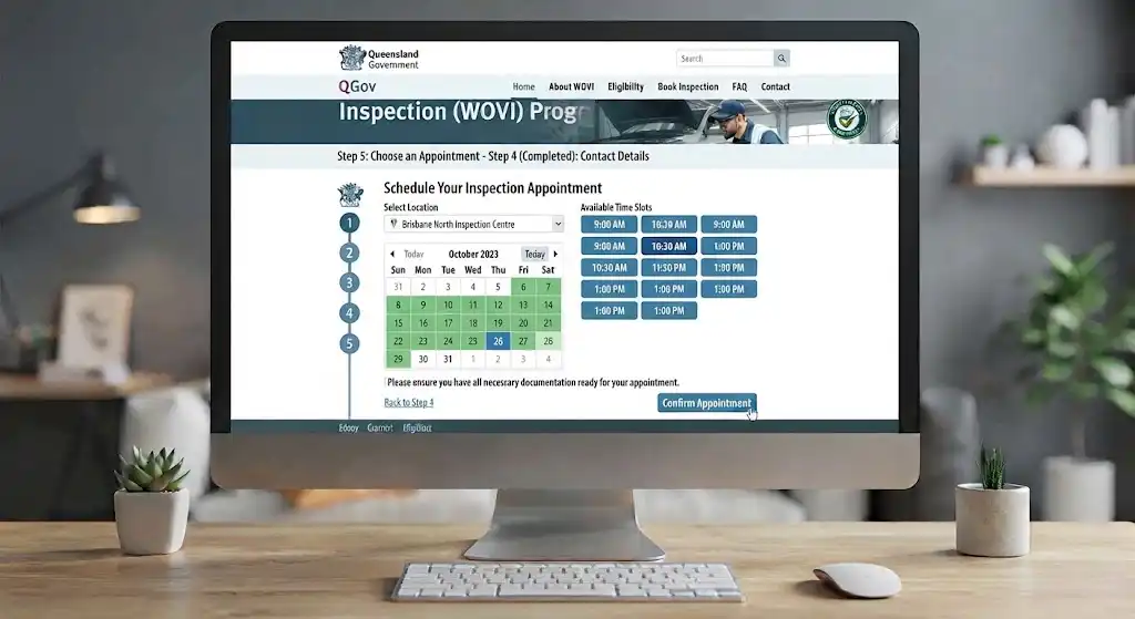 A desktop monitor displaying Step 5 of the Queensland Written-Off Vehicle Inspection (WOVI) Program, showing the appointment scheduler with location selection, a calendar for date picking, and available time slots
