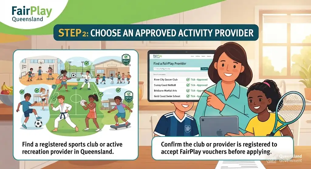 Infographic illustration for FairPlay Queensland Step 2: a mother and two children use a tablet to find and confirm registration of an approved sports provider from a list including River City Soccer and Gold Coast Swim School.