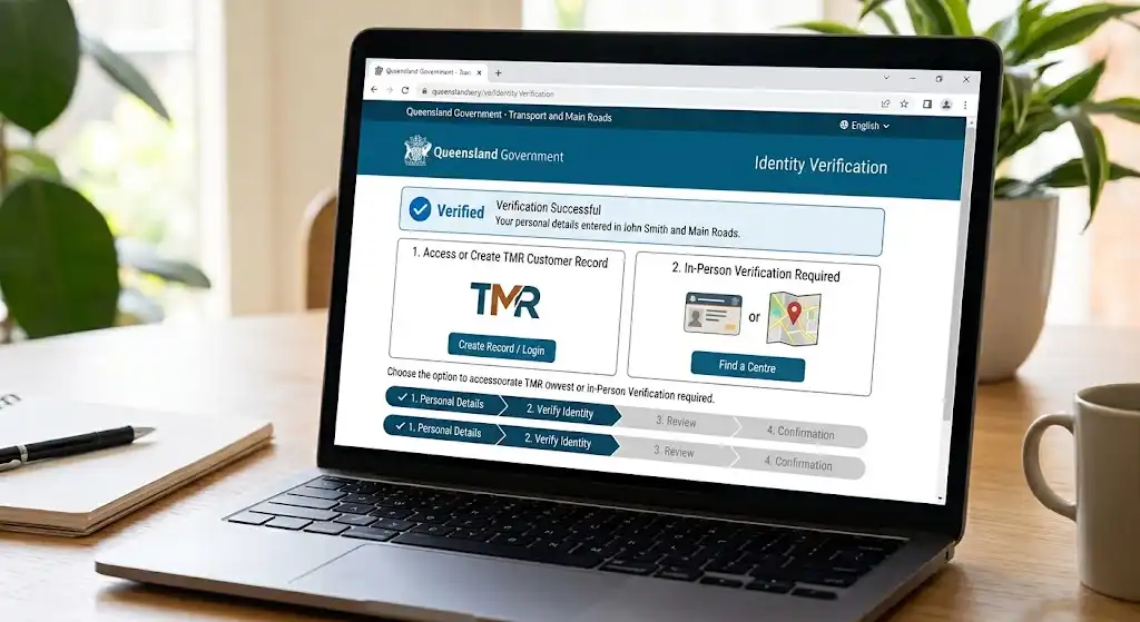 Laptop displaying the Queensland Government PrepL identity verification screen with options to create or access a TMR customer record or find a customer service centre.