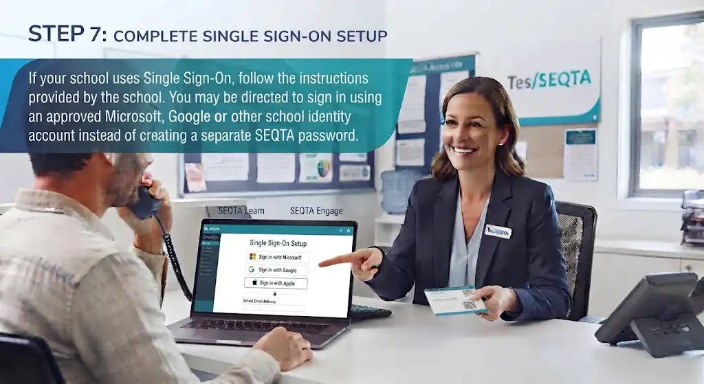 A school staff member pointing to a Single Sign-On setup screen on a laptop displaying options to sign in with Microsoft, Google, or Apple accounts.