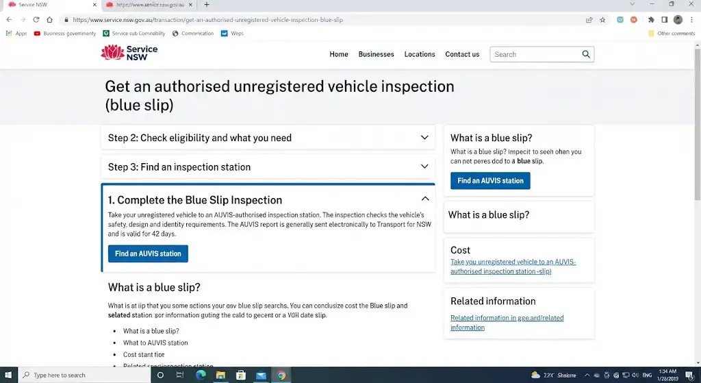NSW portal showing step 1 to complete an authorised unregistered vehicle inspection (blue slip) with the Find an AUVIS station button.