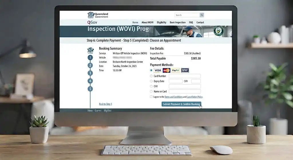 A desktop monitor displaying Step 6 of the Queensland Written-Off Vehicle Inspection (WOVI) Program, featuring the booking summary, inspection fee details, and secure payment method entry form.