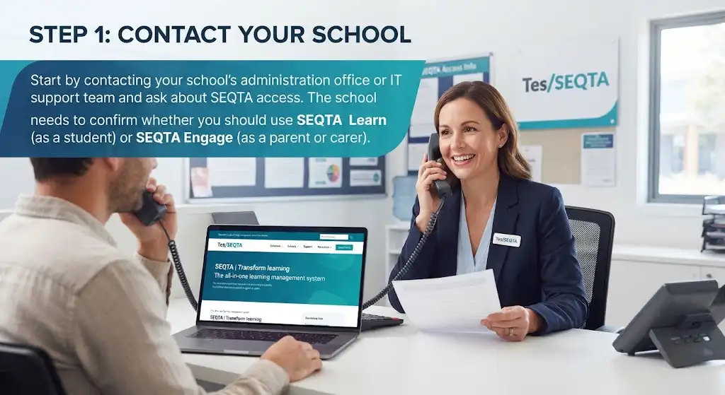 A school administration staff member on a phone call with a parent or student at a desk with a laptop displaying the official Tes/SEQTA website theme.