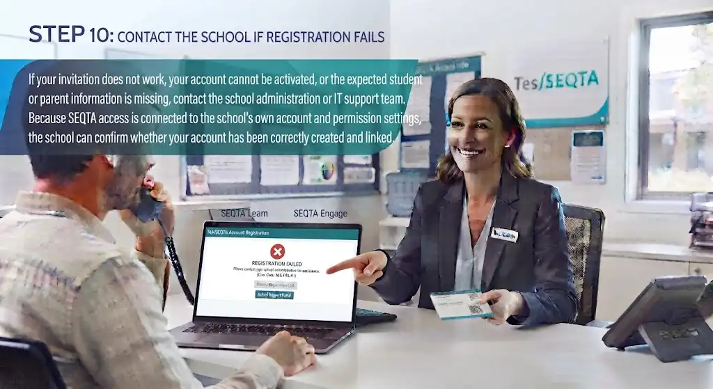 A school staff member pointing to a registration failed error message on a laptop screen, illustrating the final step to contact the school if setup issues occu