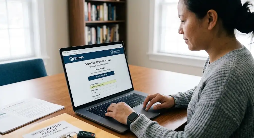 Parent creating a QParents account on a laptop computer with registration details and school packet on the desk.